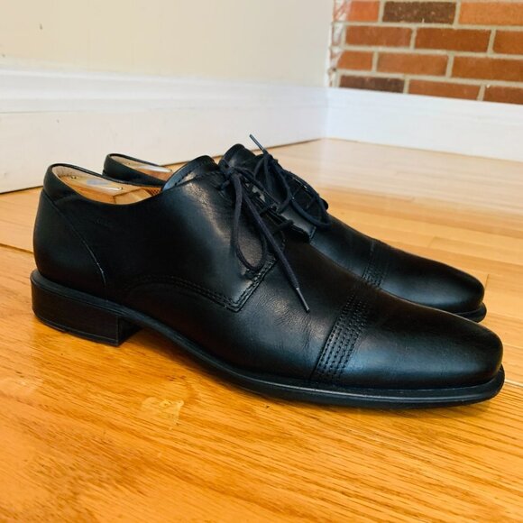 Ecco Men's Black Leather Cap Toe Dress Shoes US Size 9 - Picture 1 of 15